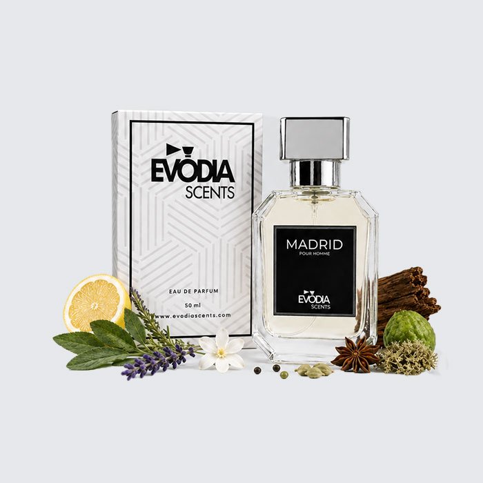 MADRID perfume with box for men by Evodia Scents, fresh citrus aromatic vetiver fragrance bottle