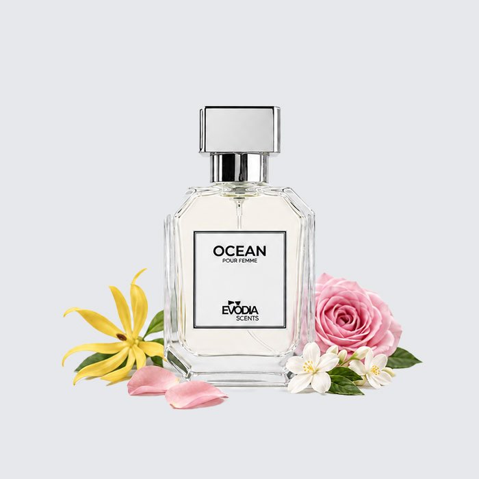 OCEAN perfume for women by Evodia Scents, rose and jasmine floral fragrance bottle