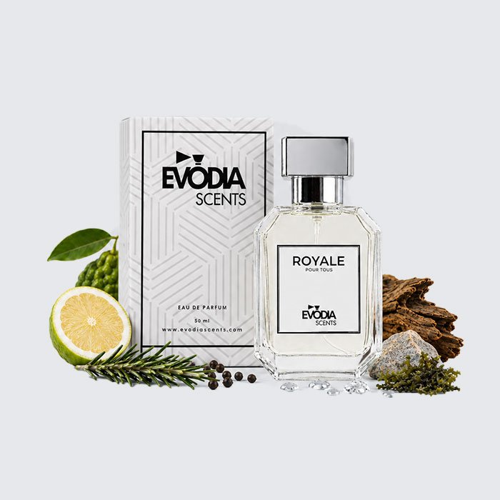 ROYALE perfume with box for unisex by Evodia Scents, fresh woody aromatic fragrance bottle
