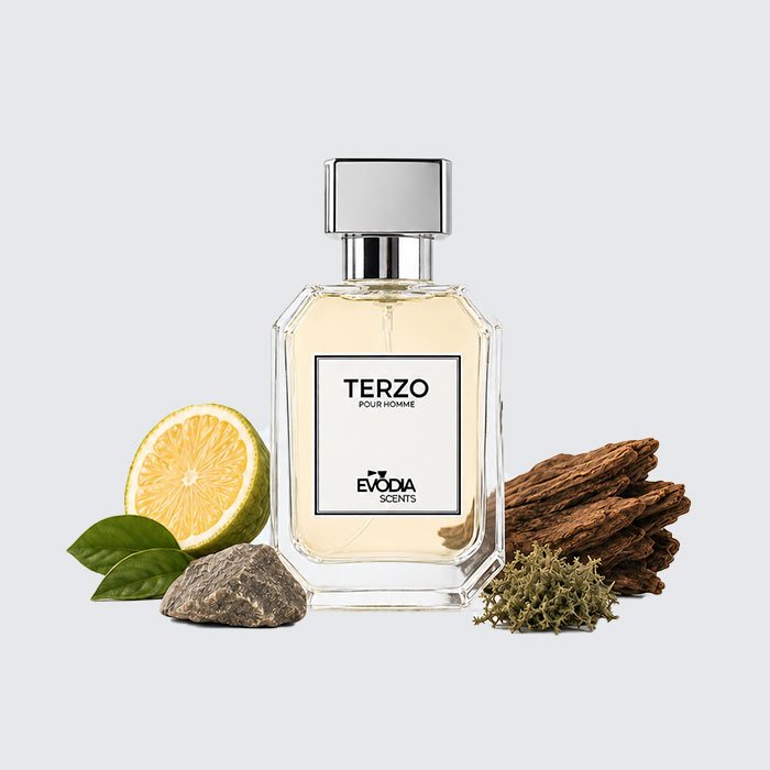 TERZO perfume for men by Evodia Scents, woody citrus earthy fragrance bottle