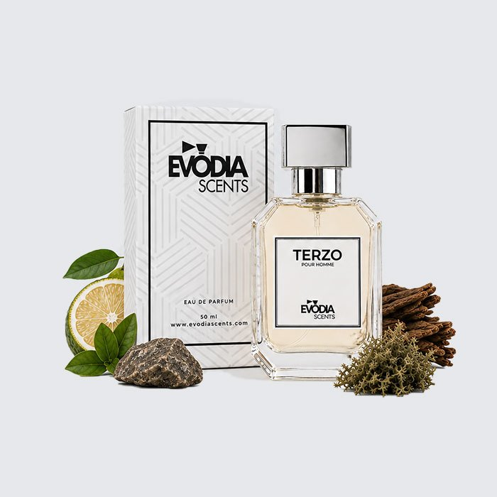 TERZO perfume with box for men by Evodia Scents, woody citrus earthy fragrance bottle